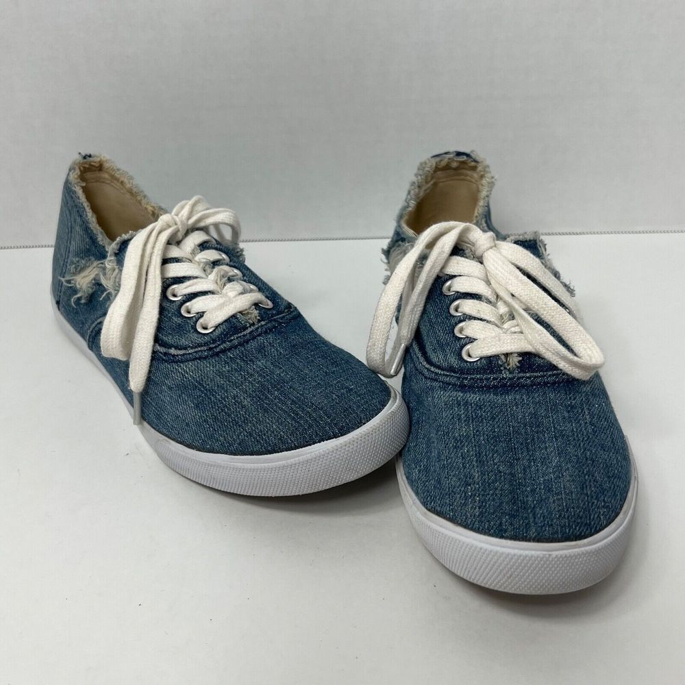 Sam Edelman CALLA Distressed Denim Sneakers Women Size 8 M Frayed Lace Up - Picture 2 of 12